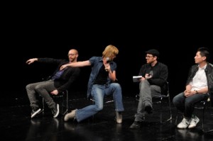 Chris Roman and Norah Zuniga Shaw demonstrating alignments in a panel discussion with architects and musicians in Beijing China this autumn 2010.